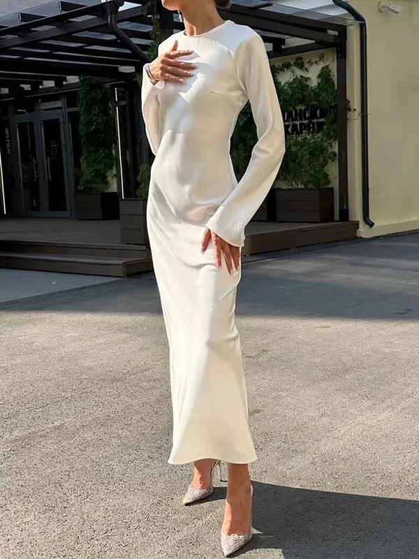 A-Line High Waisted Solid Color Round-Neck Maxi Dresses - Image 5