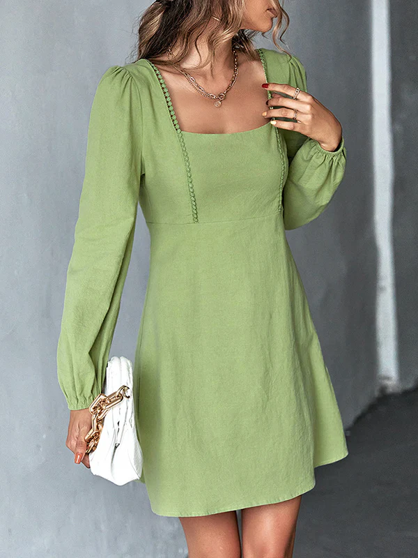 A-Line High Waisted Solid Color Split-Joint Square-Neck Mini Dresses - Image 14