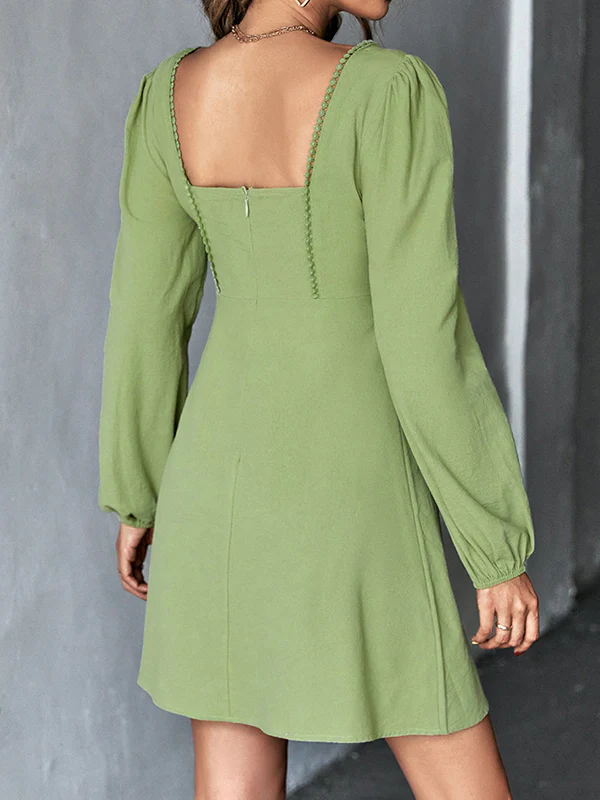 A-Line High Waisted Solid Color Split-Joint Square-Neck Mini Dresses - Image 15