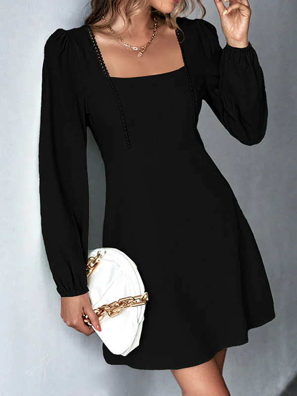 A-Line High Waisted Solid Color Split-Joint Square-Neck Mini Dresses - Image 3