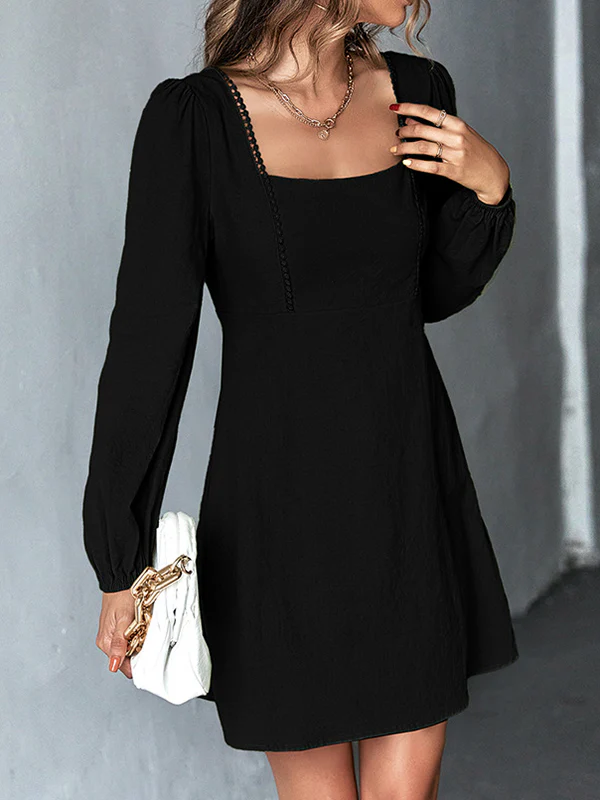 A-Line High Waisted Solid Color Split-Joint Square-Neck Mini Dresses - Image 6