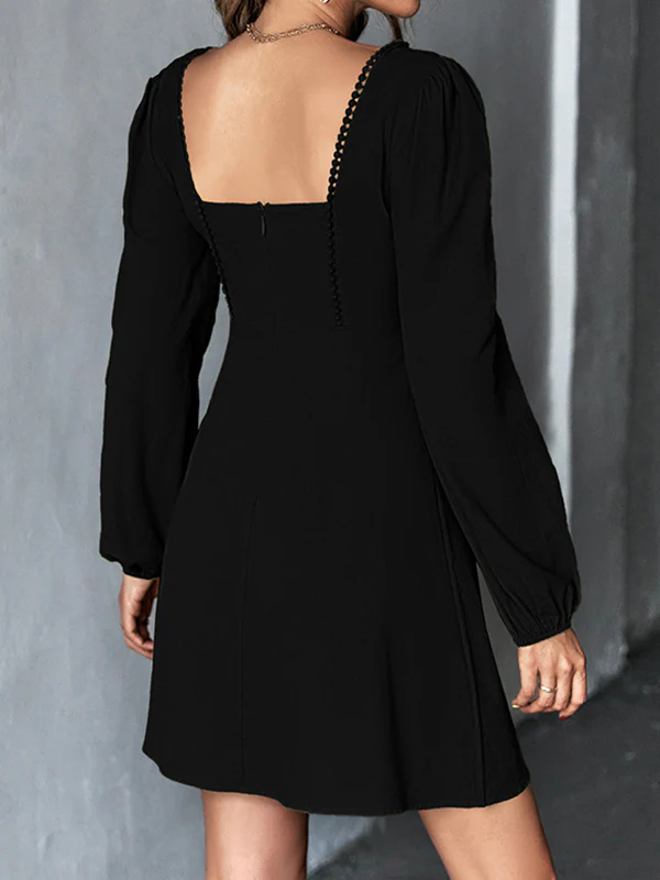 A-Line High Waisted Solid Color Split-Joint Square-Neck Mini Dresses - Image 7