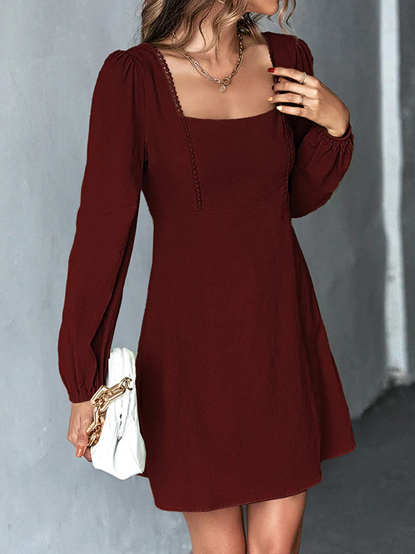 A-Line High Waisted Solid Color Split-Joint Square-Neck Mini Dresses - Image 9