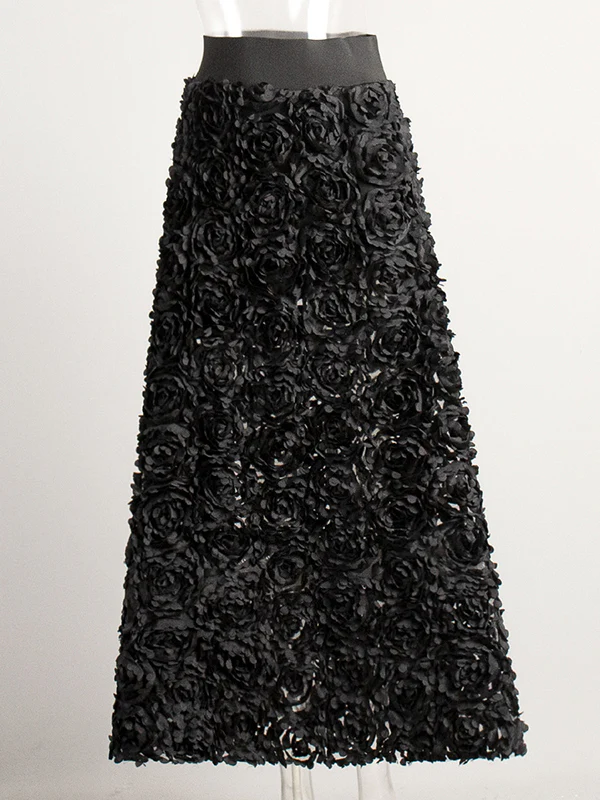 A-Line High Waisted Solid Color Three-Dimensional Flower Skirts Bottoms - Image 3