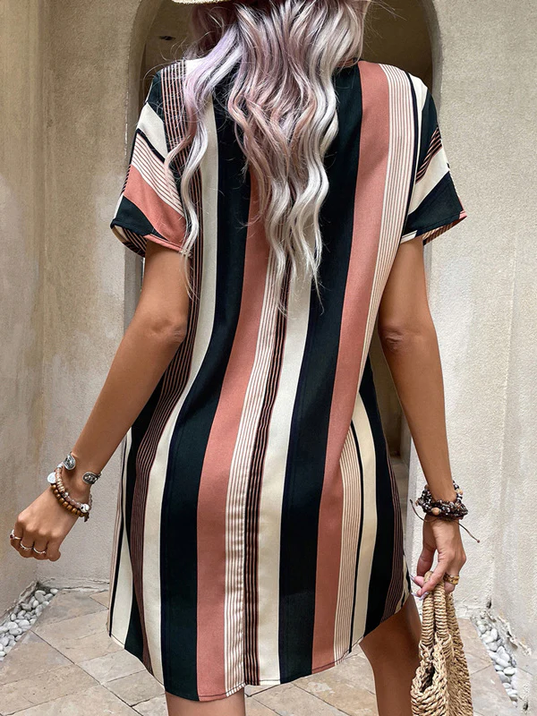 A-Line High Waisted Striped V-Neck Mini Dresses - Image 6