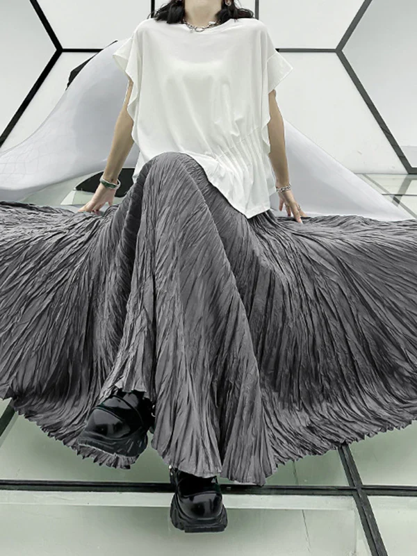A-Line Irregular Clipping High-Waisted Pleated Solid Color Skirts - Image 11
