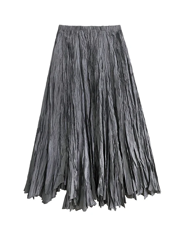 A-Line Irregular Clipping High-Waisted Pleated Solid Color Skirts - Image 12
