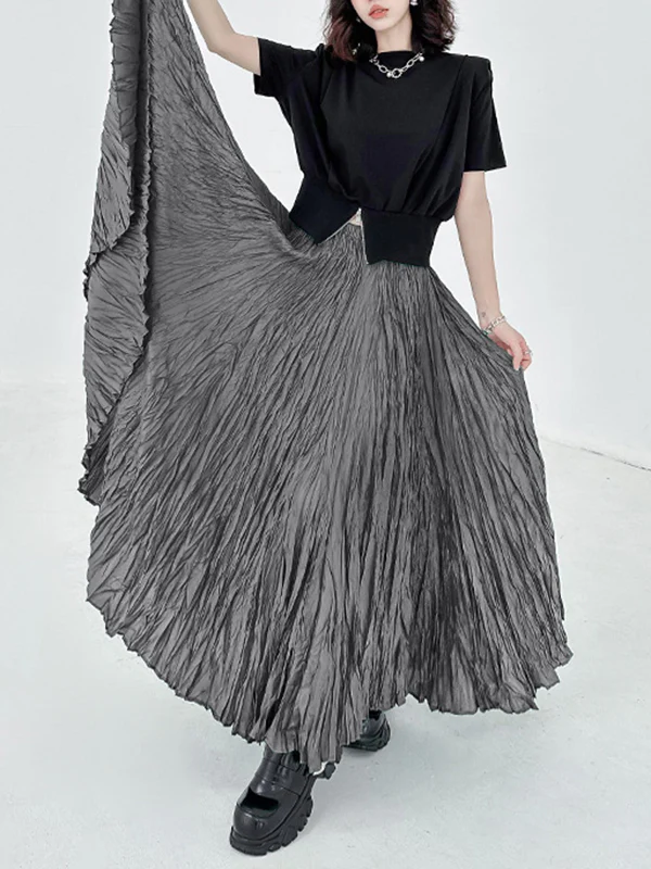 A-Line Irregular Clipping High-Waisted Pleated Solid Color Skirts - Image 9