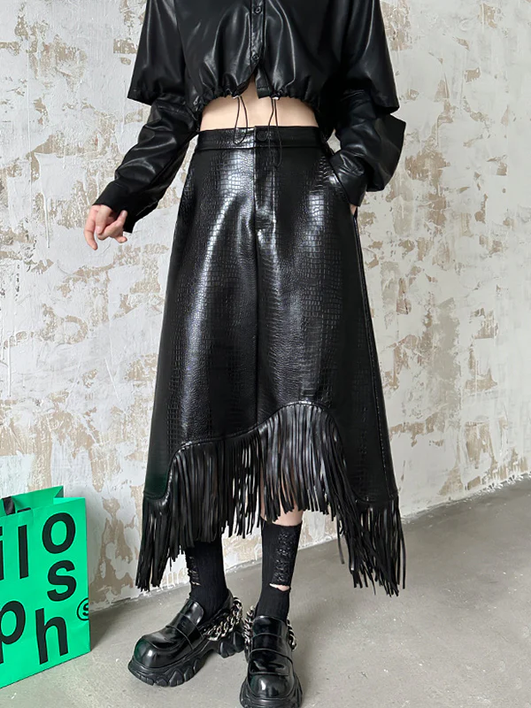 A-Line Irregularity Asymmetric Buttoned Crocodile Texture Solid Color Tasseled Skirts Bottoms