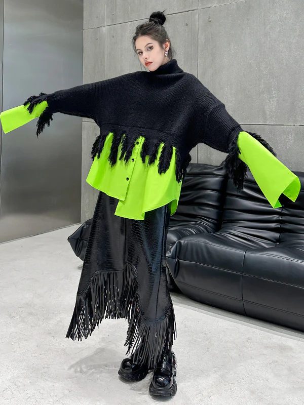 A-Line Irregularity Asymmetric Buttoned Crocodile Texture Solid Color Tasseled Skirts Bottoms - Image 10