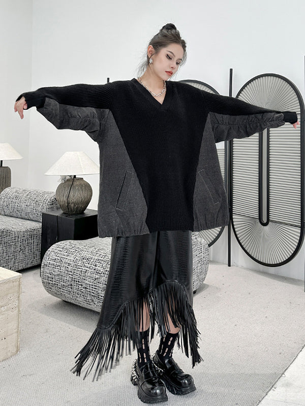 A-Line Irregularity Asymmetric Buttoned Crocodile Texture Solid Color Tasseled Skirts Bottoms - Image 11