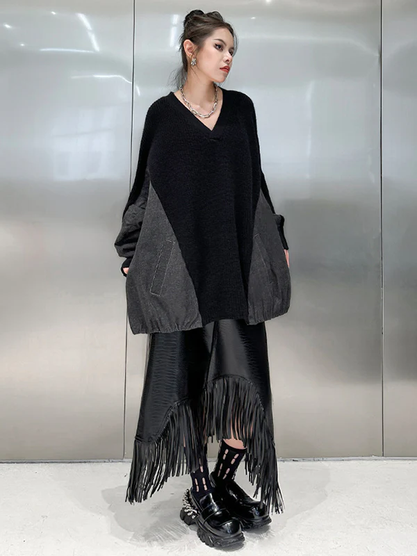 A-Line Irregularity Asymmetric Buttoned Crocodile Texture Solid Color Tasseled Skirts Bottoms - Image 12