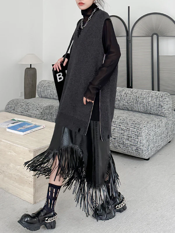 A-Line Irregularity Asymmetric Buttoned Crocodile Texture Solid Color Tasseled Skirts Bottoms - Image 13