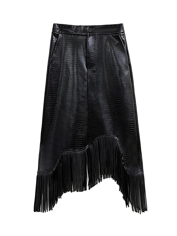 A-Line Irregularity Asymmetric Buttoned Crocodile Texture Solid Color Tasseled Skirts Bottoms - Image 14