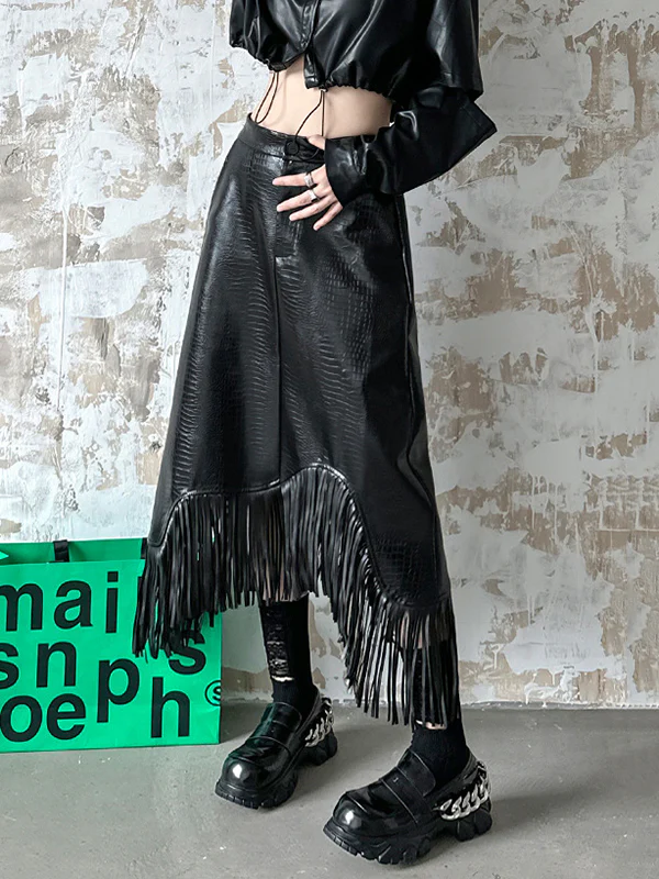 A-Line Irregularity Asymmetric Buttoned Crocodile Texture Solid Color Tasseled Skirts Bottoms - Image 2