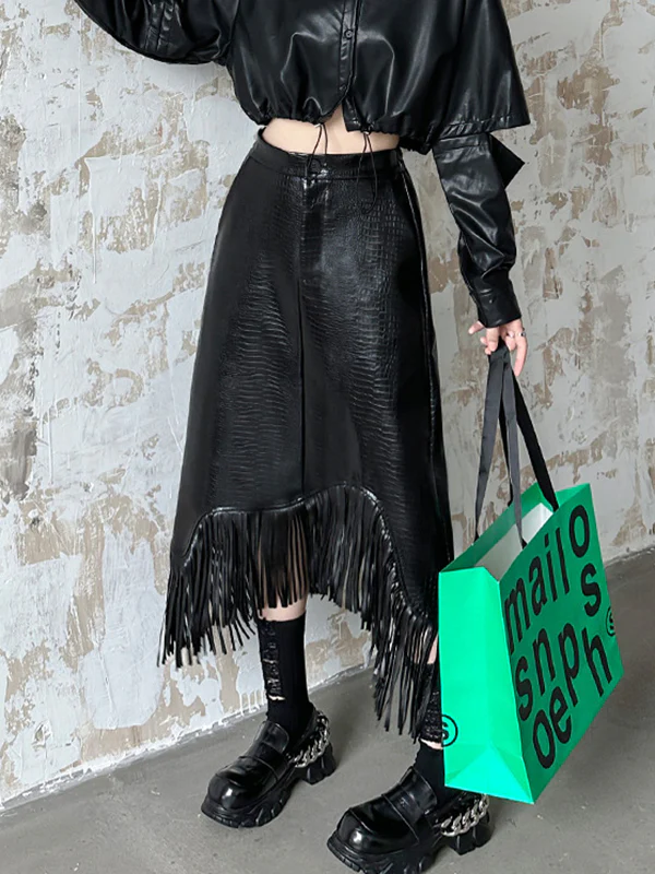 A-Line Irregularity Asymmetric Buttoned Crocodile Texture Solid Color Tasseled Skirts Bottoms - Image 3