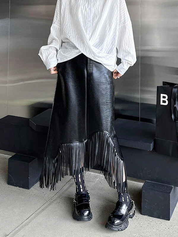 A-Line Irregularity Asymmetric Buttoned Crocodile Texture Solid Color Tasseled Skirts Bottoms - Image 4