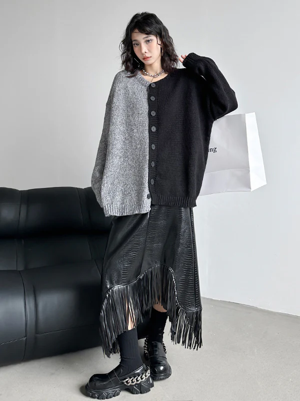 A-Line Irregularity Asymmetric Buttoned Crocodile Texture Solid Color Tasseled Skirts Bottoms - Image 7