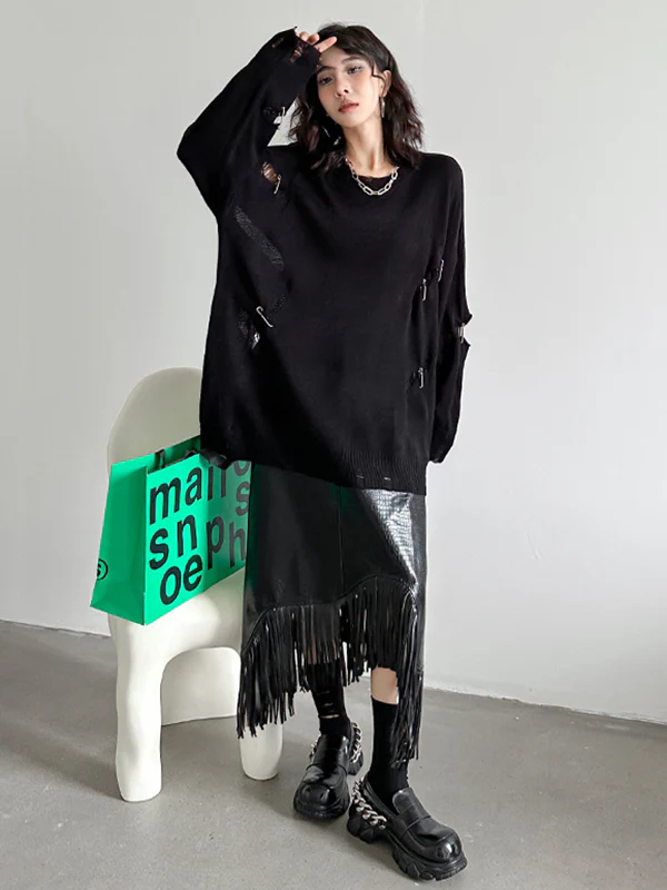 A-Line Irregularity Asymmetric Buttoned Crocodile Texture Solid Color Tasseled Skirts Bottoms - Image 8
