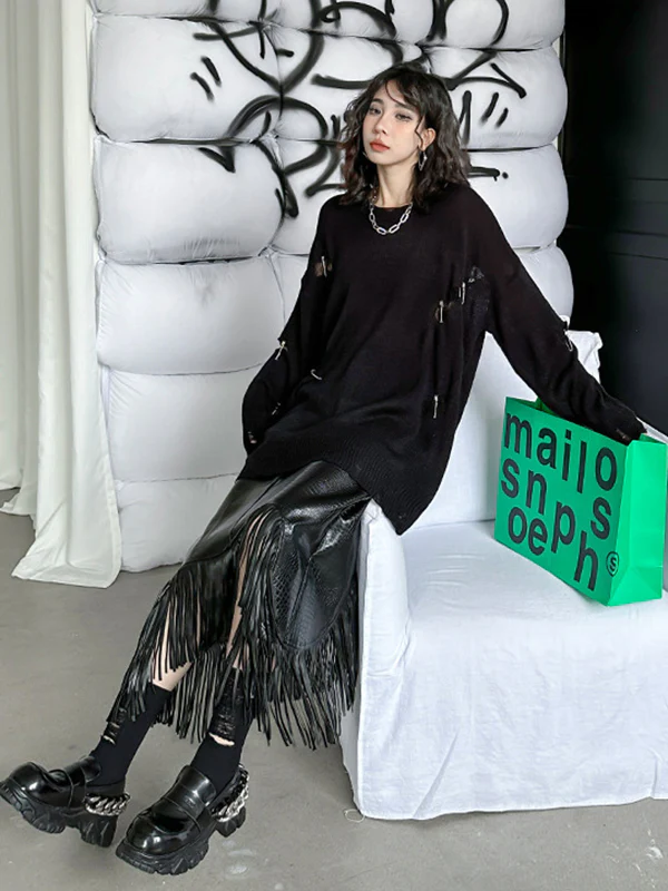 A-Line Irregularity Asymmetric Buttoned Crocodile Texture Solid Color Tasseled Skirts Bottoms - Image 9