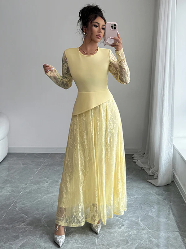A-Line Irregularity Asymmetric Flower Print Layered See-Through Solid Color Split-Joint Round-Neck Maxi Dresses - Image 2