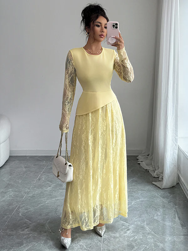 A-Line Irregularity Asymmetric Flower Print Layered See-Through Solid Color Split-Joint Round-Neck Maxi Dresses - Image 3