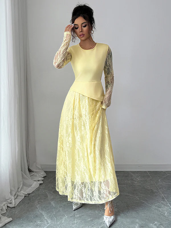 A-Line Irregularity Asymmetric Flower Print Layered See-Through Solid Color Split-Joint Round-Neck Maxi Dresses - Image 4