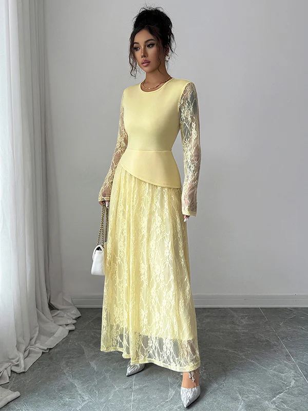 A-Line Irregularity Asymmetric Flower Print Layered See-Through Solid Color Split-Joint Round-Neck Maxi Dresses - Image 5