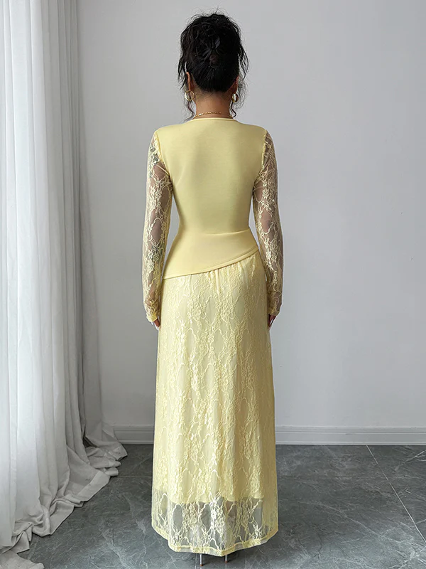 A-Line Irregularity Asymmetric Flower Print Layered See-Through Solid Color Split-Joint Round-Neck Maxi Dresses - Image 6