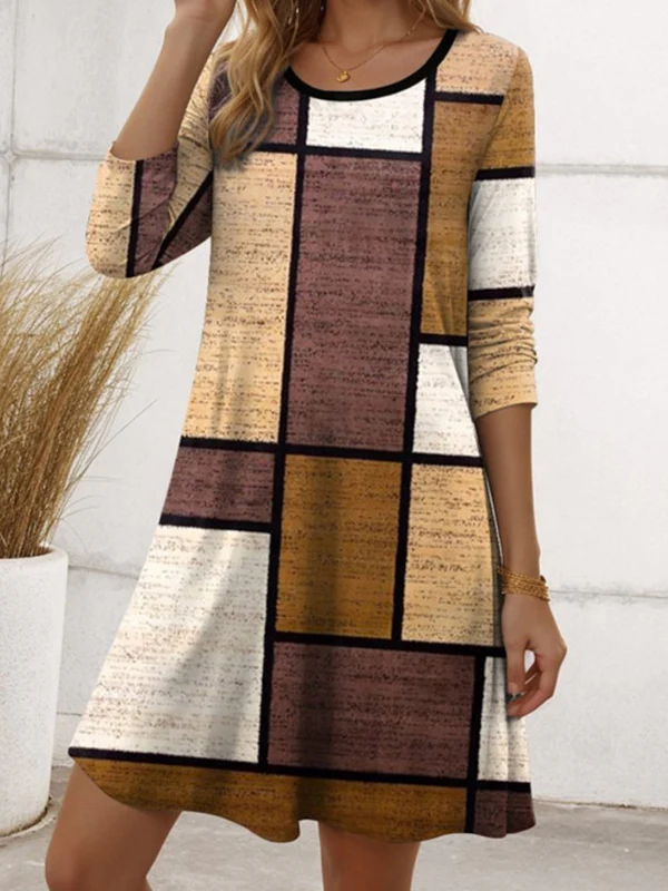 A-Line Irregularity Asymmetric Printed Split-Joint Striped Round-Neck Midi Dresses - Image 2