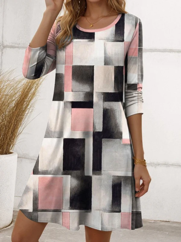 A-Line Irregularity Asymmetric Printed Split-Joint Striped Round-Neck Midi Dresses - Image 3