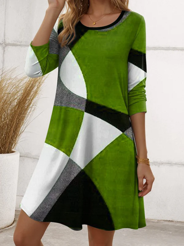 A-Line Irregularity Asymmetric Printed Split-Joint Striped Round-Neck Midi Dresses - Image 6