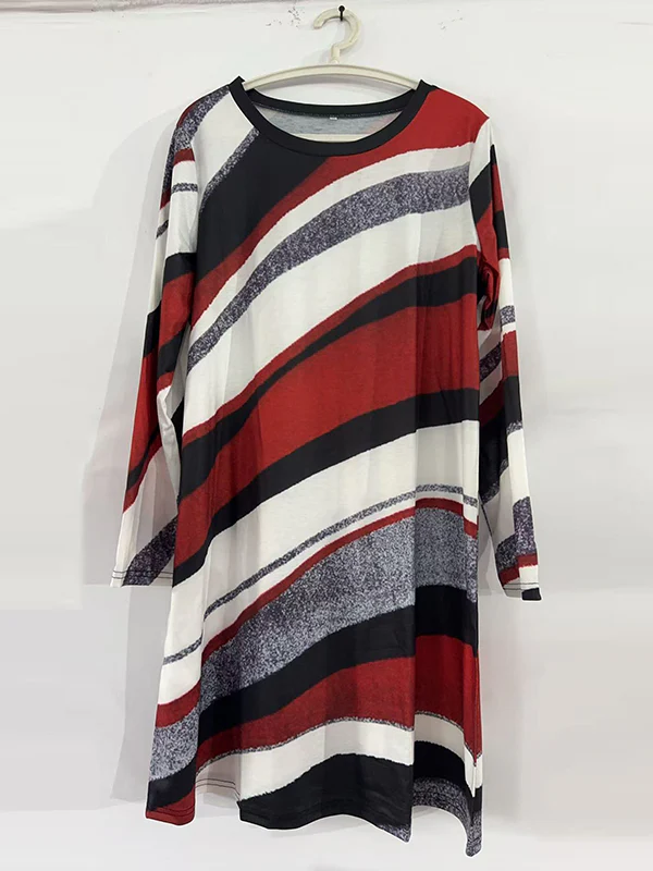 A-Line Irregularity Asymmetric Printed Split-Joint Striped Round-Neck Midi Dresses - Image 7