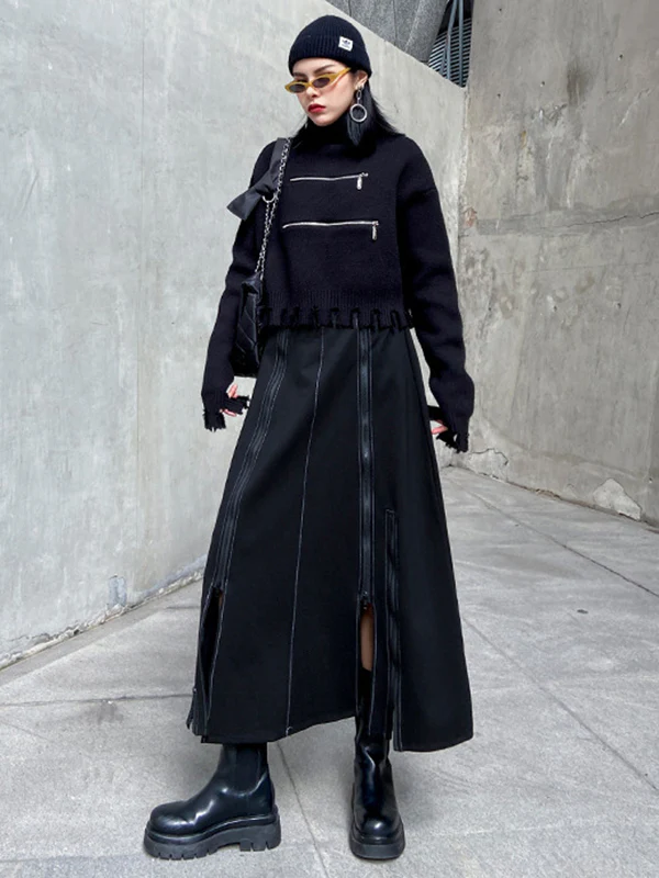A-Line Irregularity Solid Color Split-Joint Split-Side Zipper Skirts Bottoms - Image 12