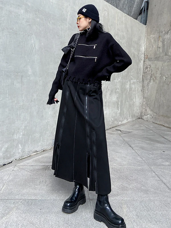 A-Line Irregularity Solid Color Split-Joint Split-Side Zipper Skirts Bottoms - Image 14
