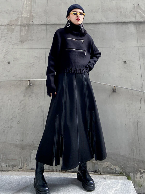 A-Line Irregularity Solid Color Split-Joint Split-Side Zipper Skirts Bottoms - Image 5