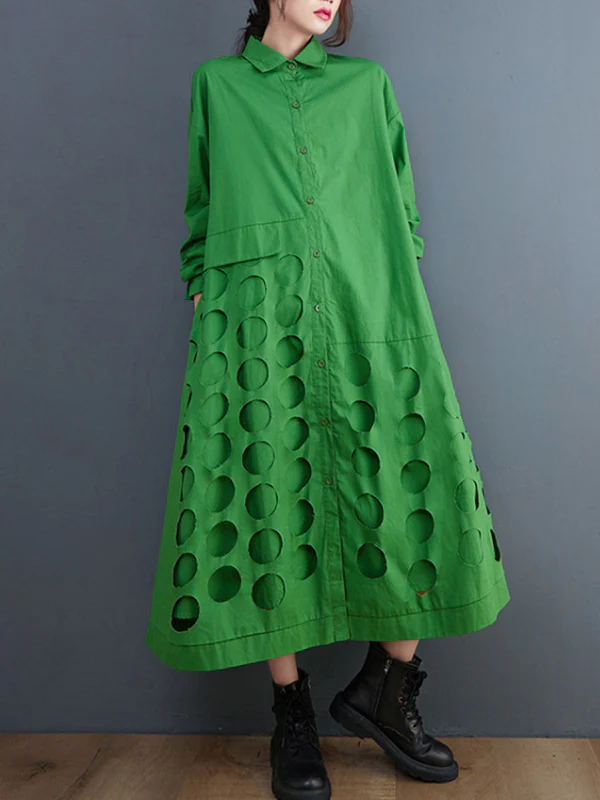 A-Line Long Sleeves Asymmetric Hollow Polka-Dot Solid Color Lapel Midi Dresses - Image 10