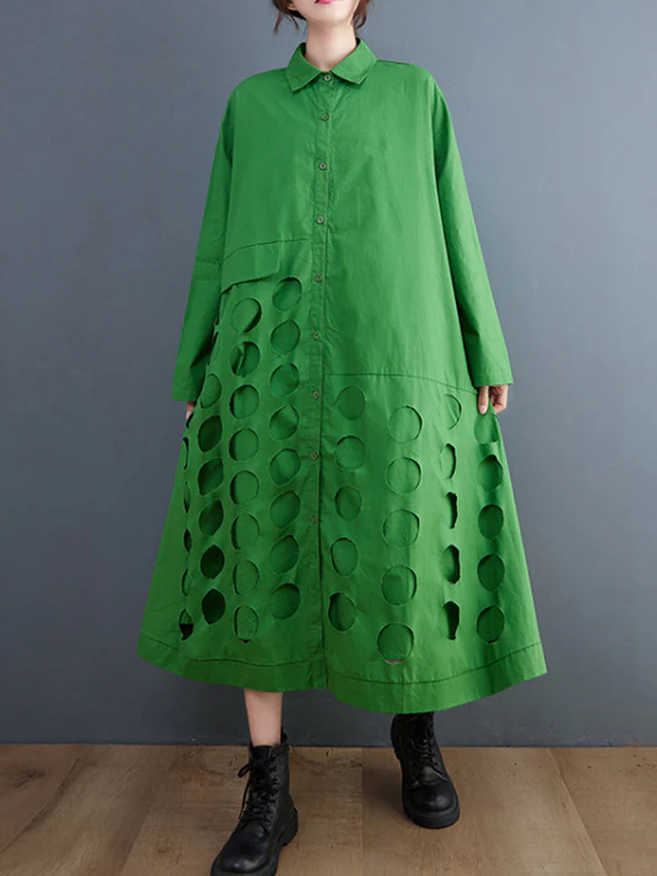 A-Line Long Sleeves Asymmetric Hollow Polka-Dot Solid Color Lapel Midi Dresses - Image 11