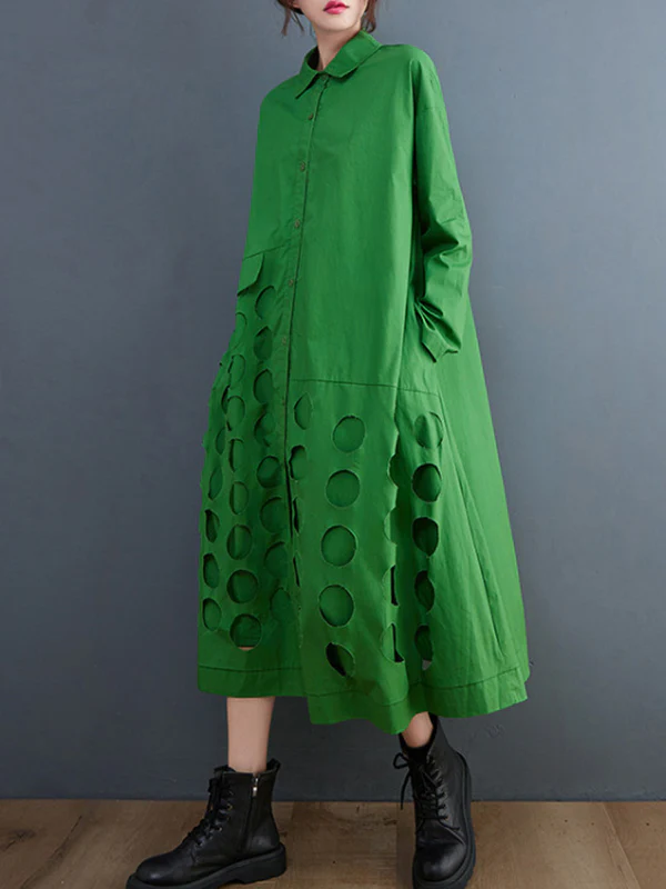 A-Line Long Sleeves Asymmetric Hollow Polka-Dot Solid Color Lapel Midi Dresses - Image 12