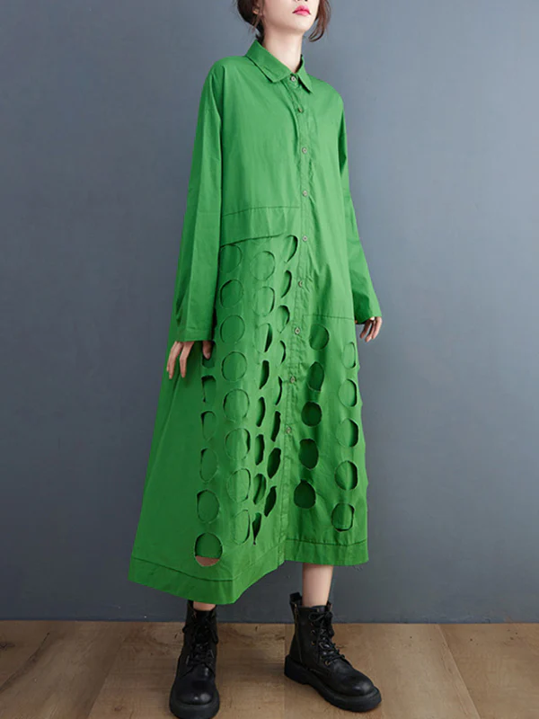 A-Line Long Sleeves Asymmetric Hollow Polka-Dot Solid Color Lapel Midi Dresses - Image 13