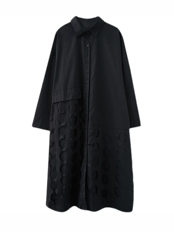 A-Line Long Sleeves Asymmetric Hollow Polka-Dot Solid Color Lapel Midi Dresses - Image 15