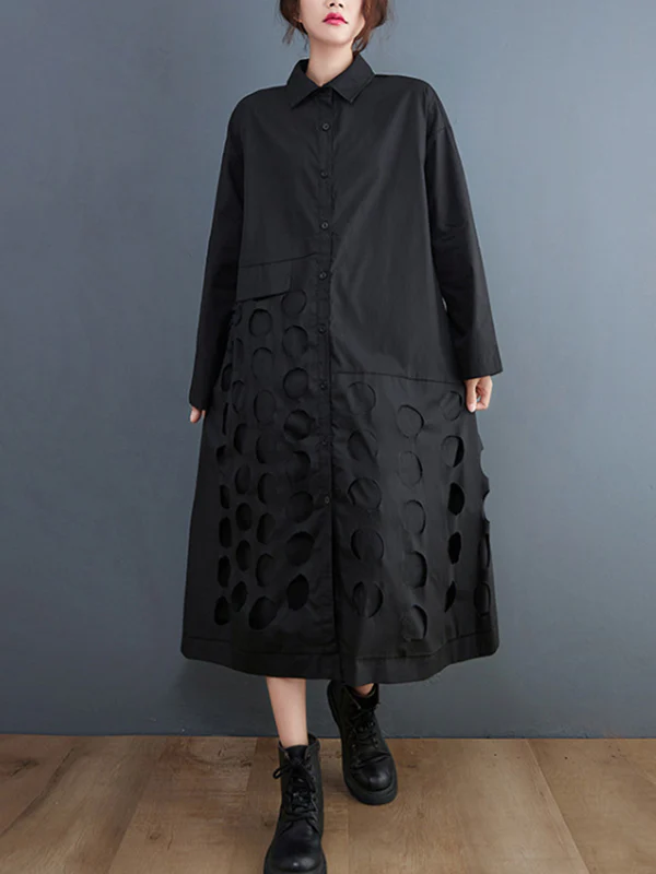 A-Line Long Sleeves Asymmetric Hollow Polka-Dot Solid Color Lapel Midi Dresses - Image 2