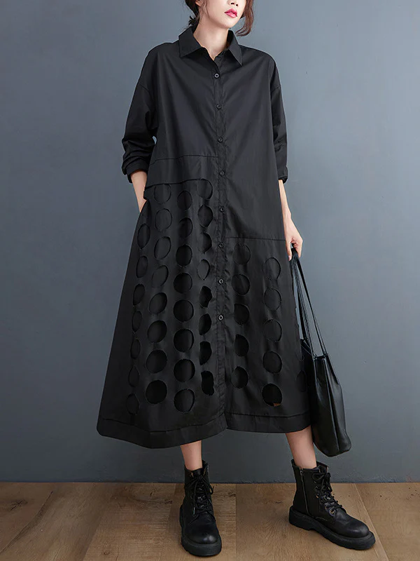 A-Line Long Sleeves Asymmetric Hollow Polka-Dot Solid Color Lapel Midi Dresses - Image 3