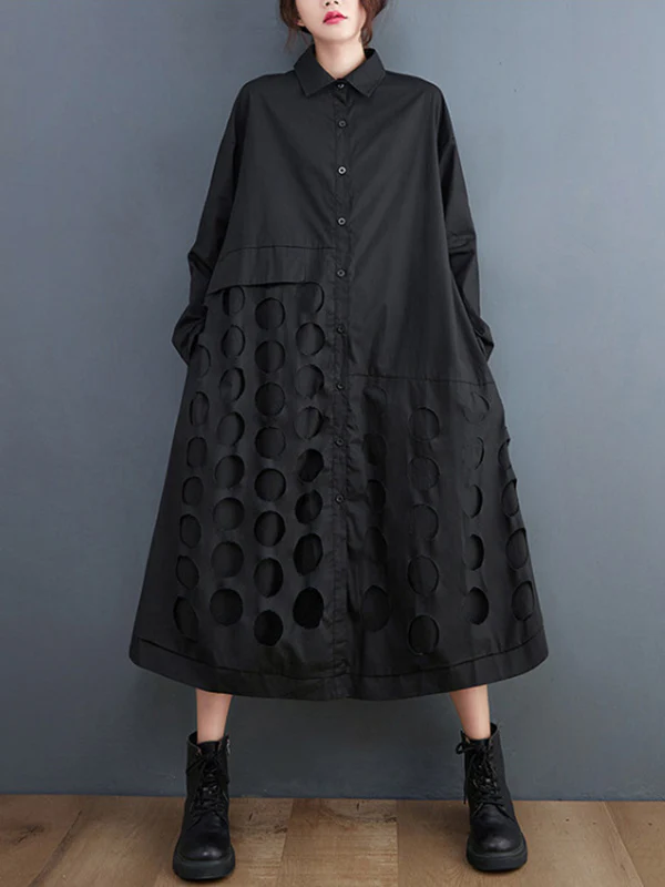 A-Line Long Sleeves Asymmetric Hollow Polka-Dot Solid Color Lapel Midi Dresses - Image 4