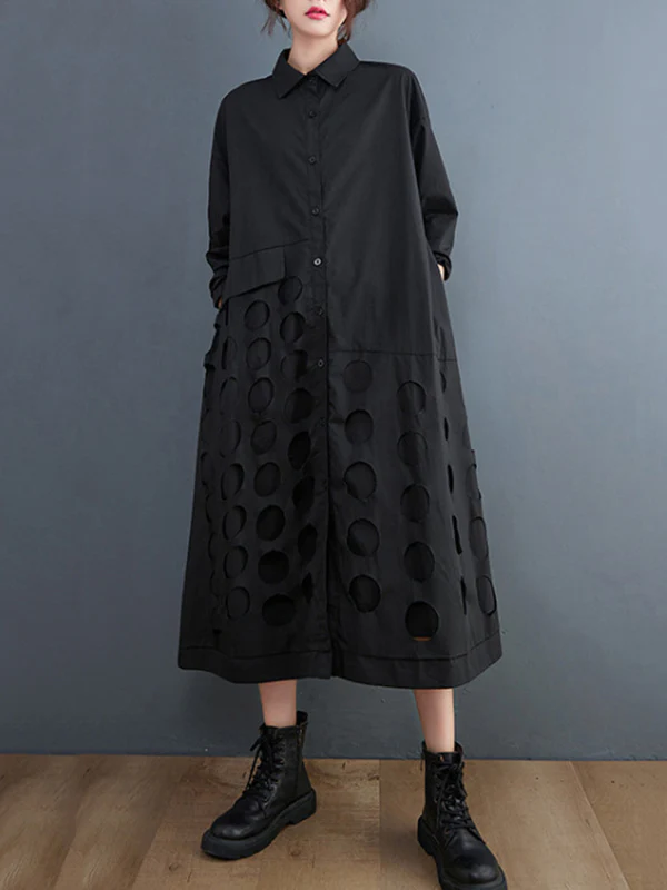 A-Line Long Sleeves Asymmetric Hollow Polka-Dot Solid Color Lapel Midi Dresses - Image 5