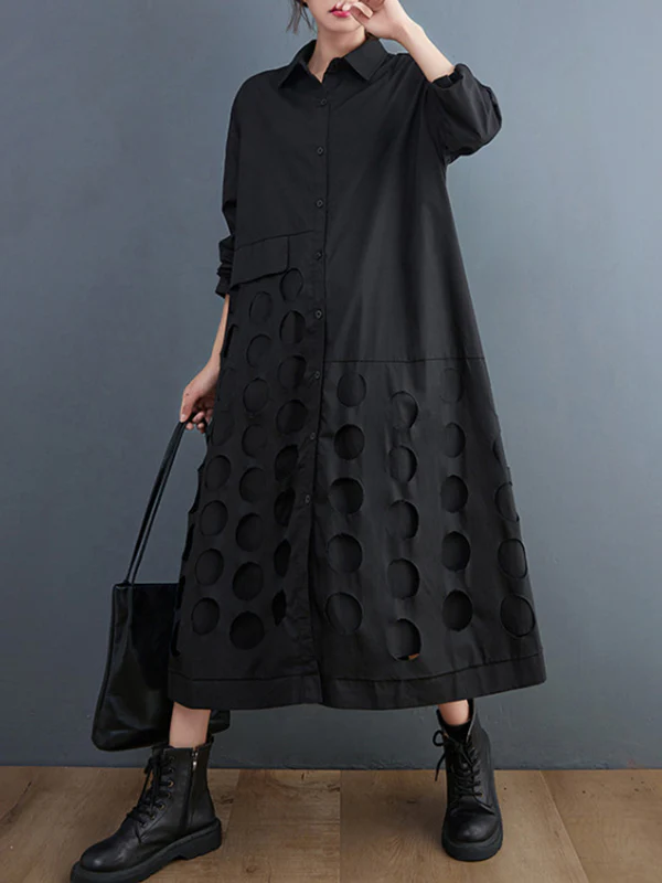 A-Line Long Sleeves Asymmetric Hollow Polka-Dot Solid Color Lapel Midi Dresses - Image 6