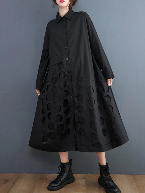 A-Line Long Sleeves Asymmetric Hollow Polka-Dot Solid Color Lapel Midi Dresses - Image 7
