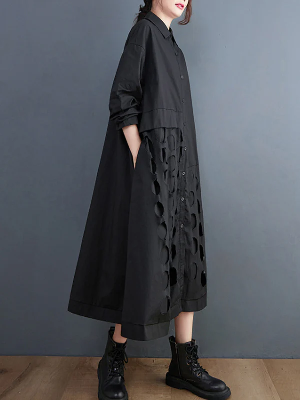 A-Line Long Sleeves Asymmetric Hollow Polka-Dot Solid Color Lapel Midi Dresses - Image 8