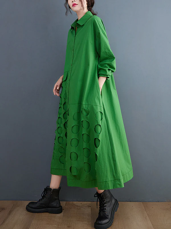 A-Line Long Sleeves Asymmetric Hollow Polka-Dot Solid Color Lapel Midi Dresses - Image 9
