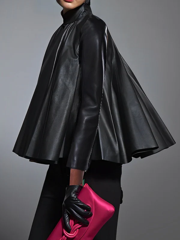 A-line Long Sleeves Big Hemline Solid Color Stand Collar Leather Top - Image 3